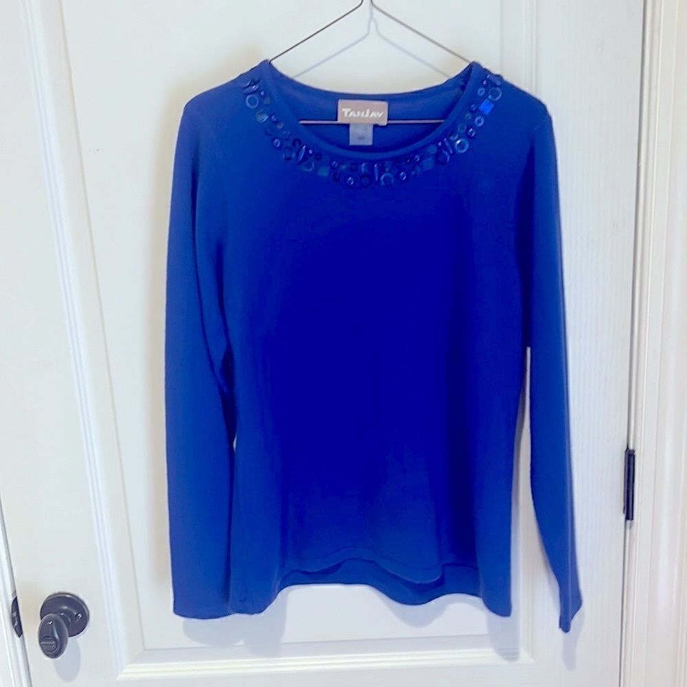 Tanjay Brilliant Blue Embellished Sequin Collar lightweight Sweater